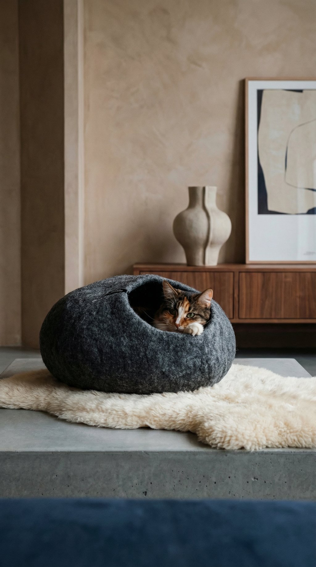 AI product shot of PEBBLE felt cave for cats
