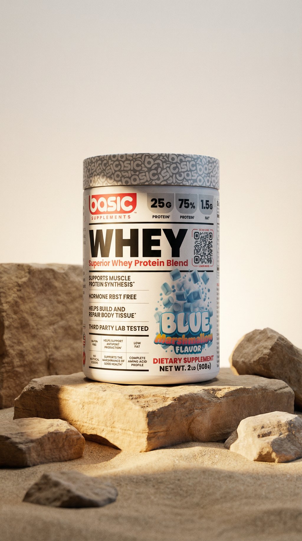 AI product shot of Blue Marshmallow Basic Whey
