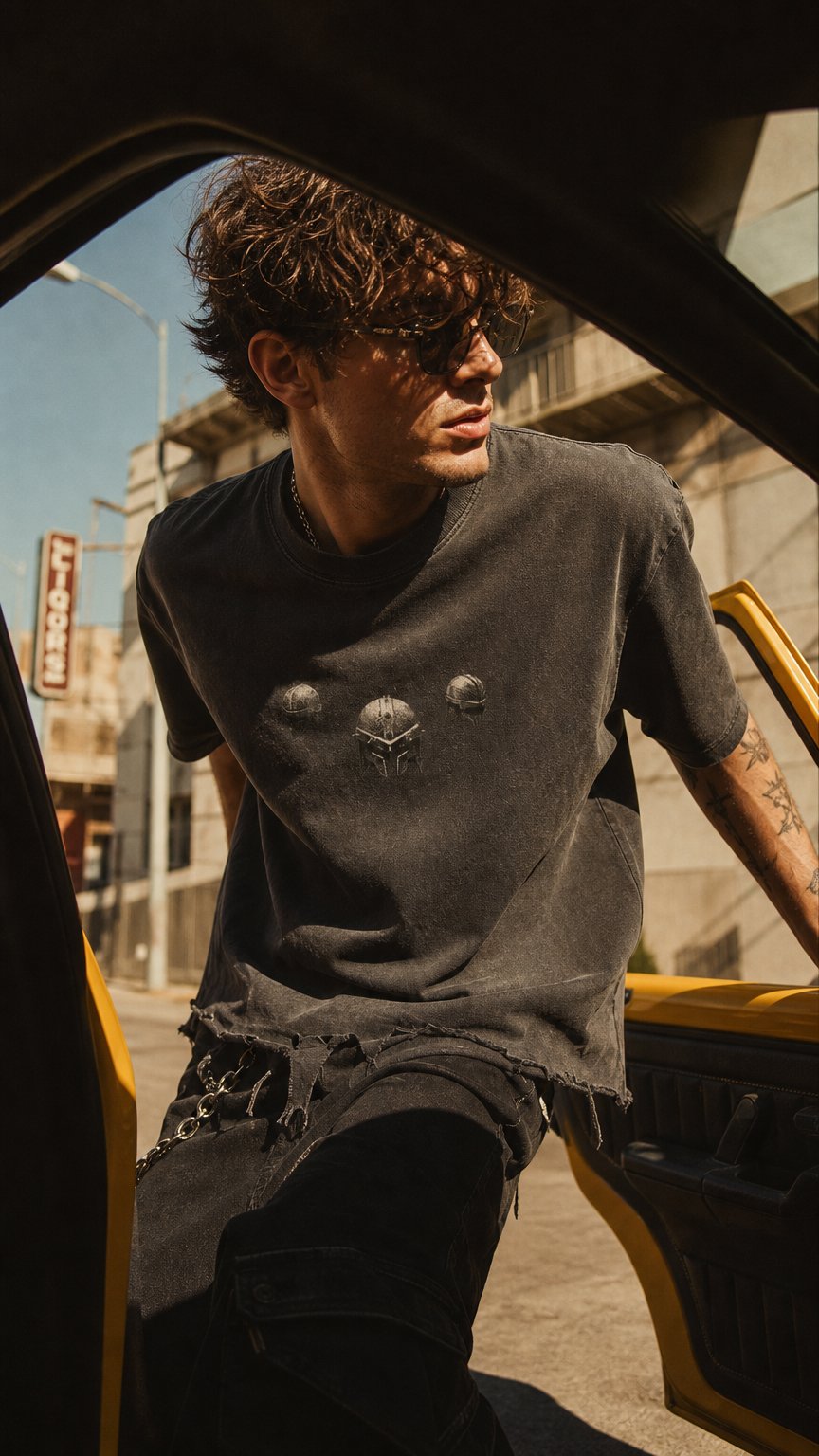 AI product shot of The Demigod Vintage Wash Boxy Distressed Hem T-Shirt