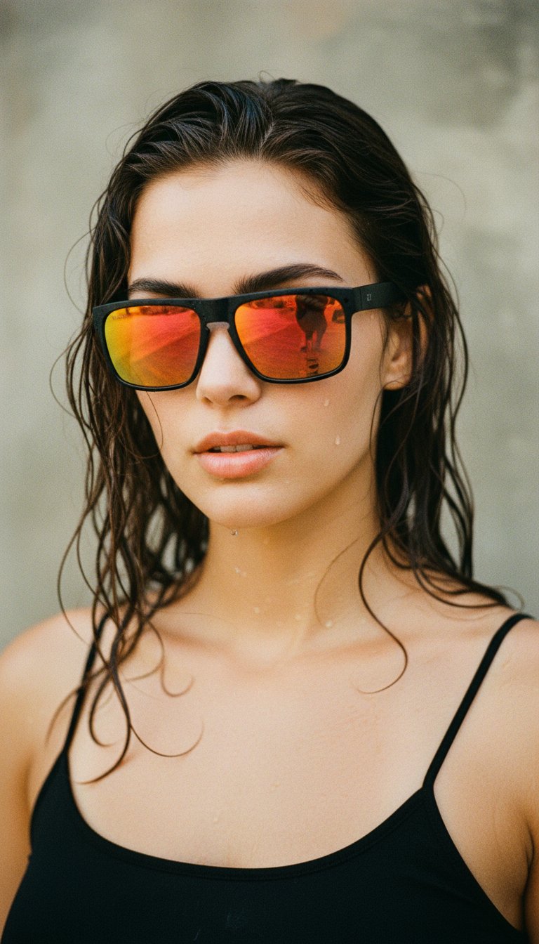 AI product shot of Peccant Polarised Rectangle Sunglasses with Black Frame and Red Lens