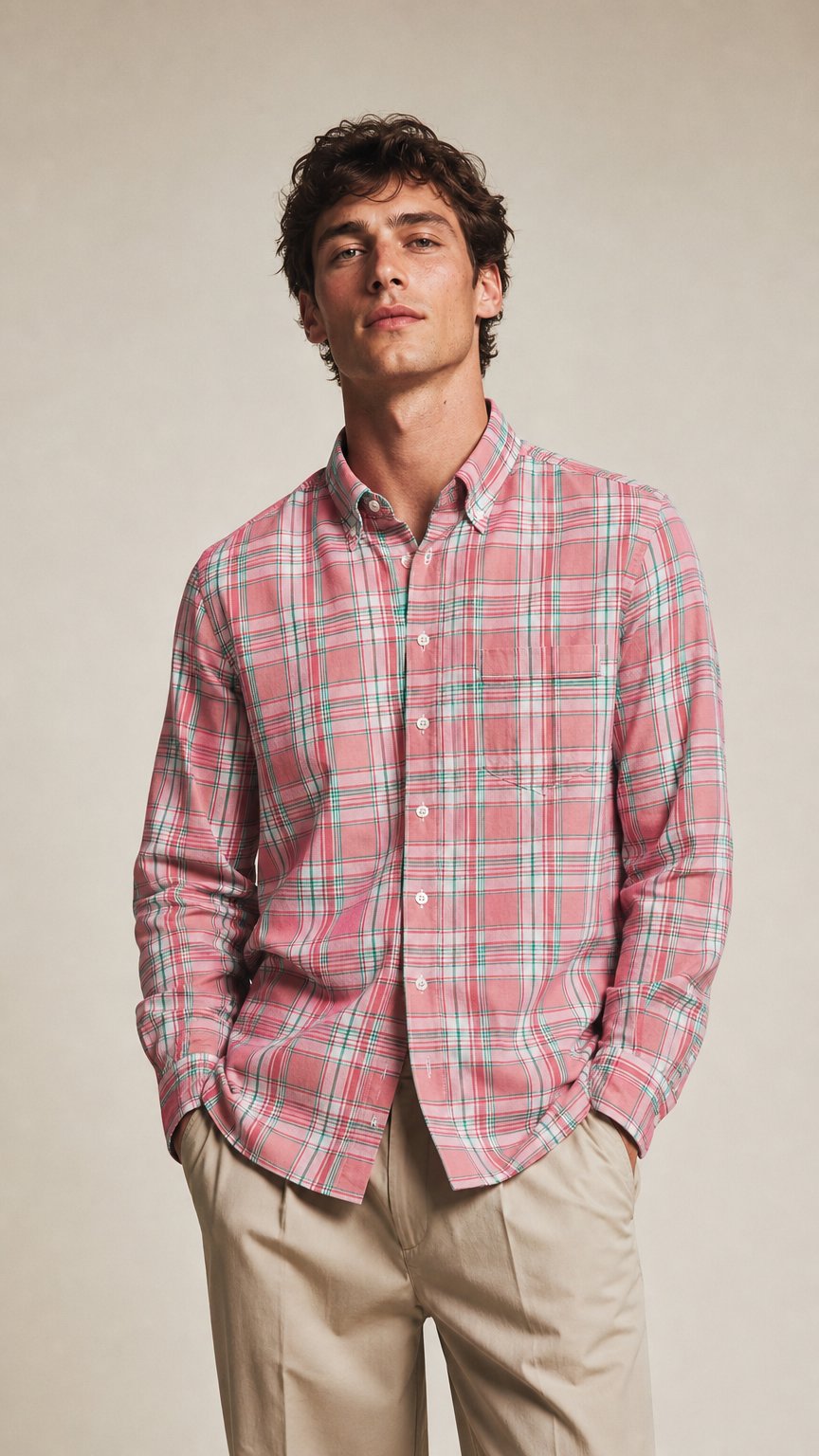 AI product shot of Drake's Madras Button Down Shirt - Pink, White & Green