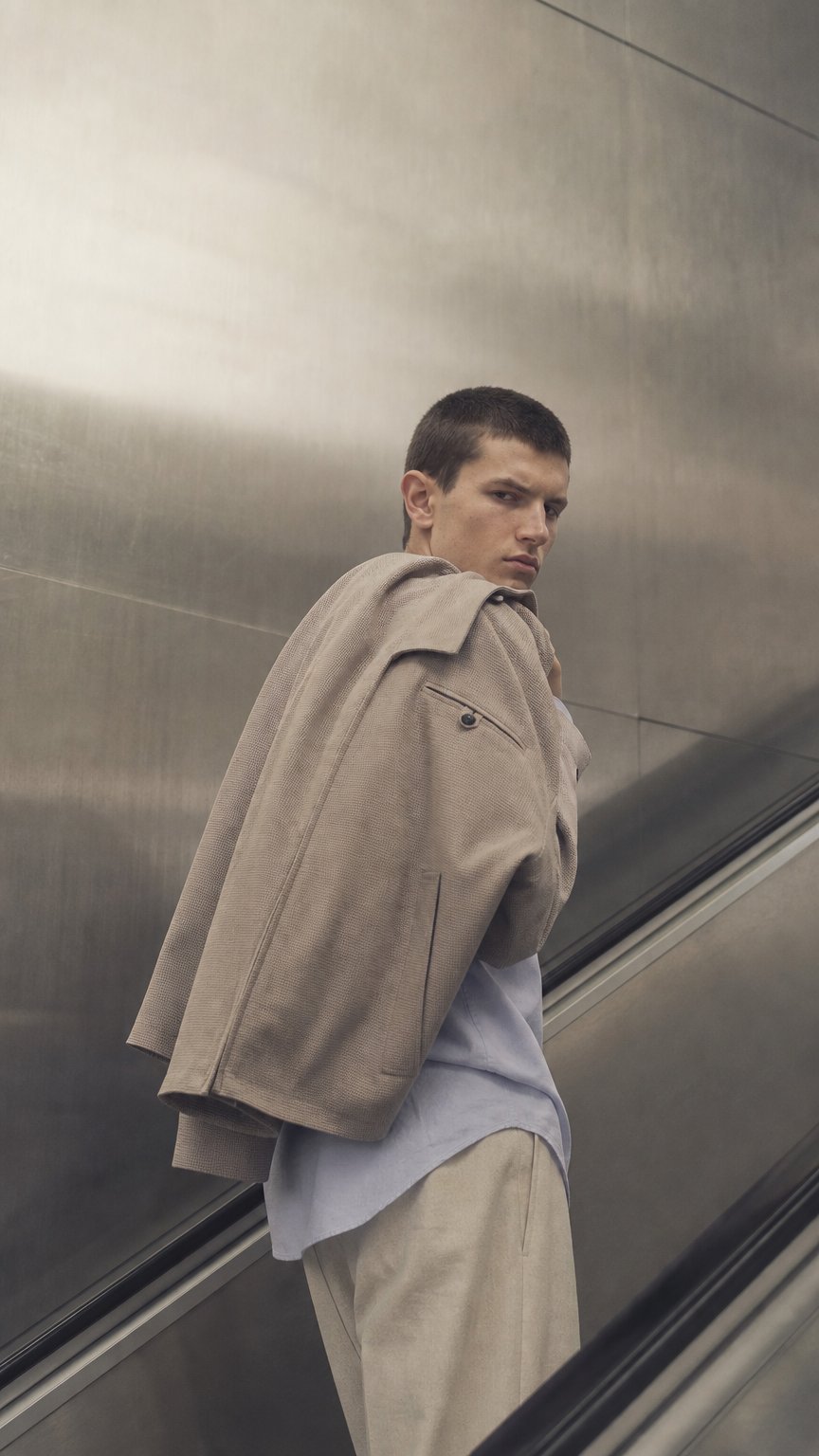 AI product shot of INTERLACED MESSENGER BLOUSON JACKET in tofu