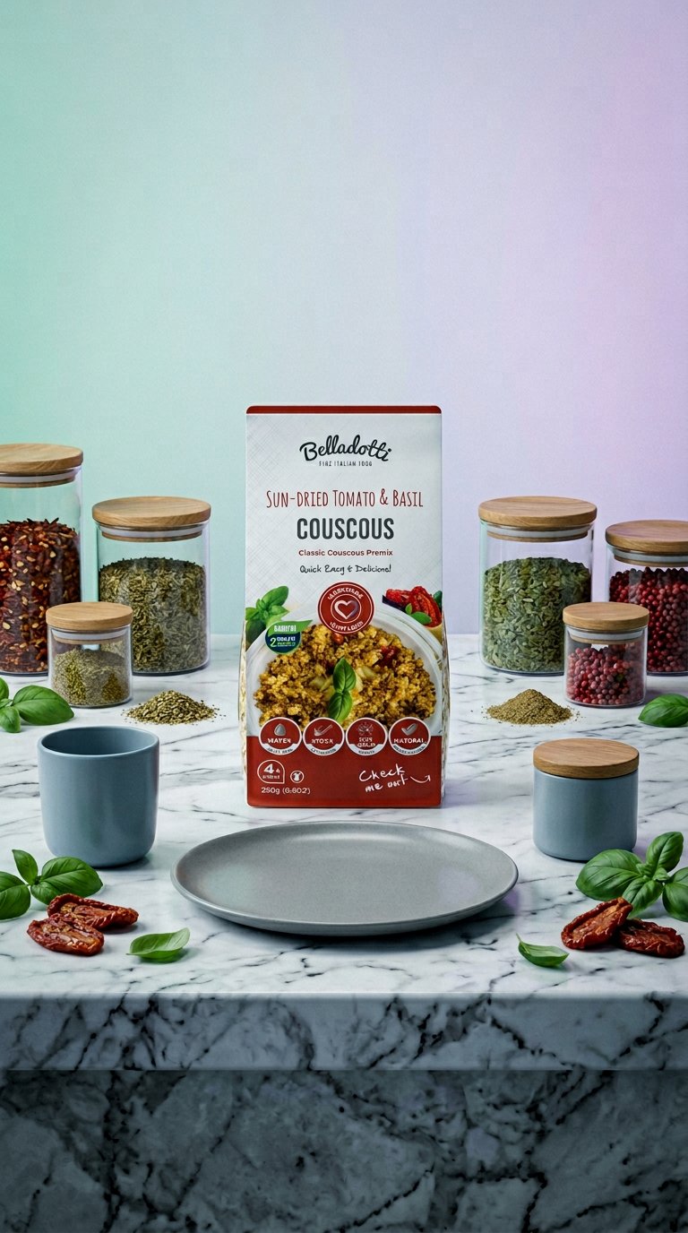 AI product shot of Sundried Tomato & Basil Gourmet Couscous Premix