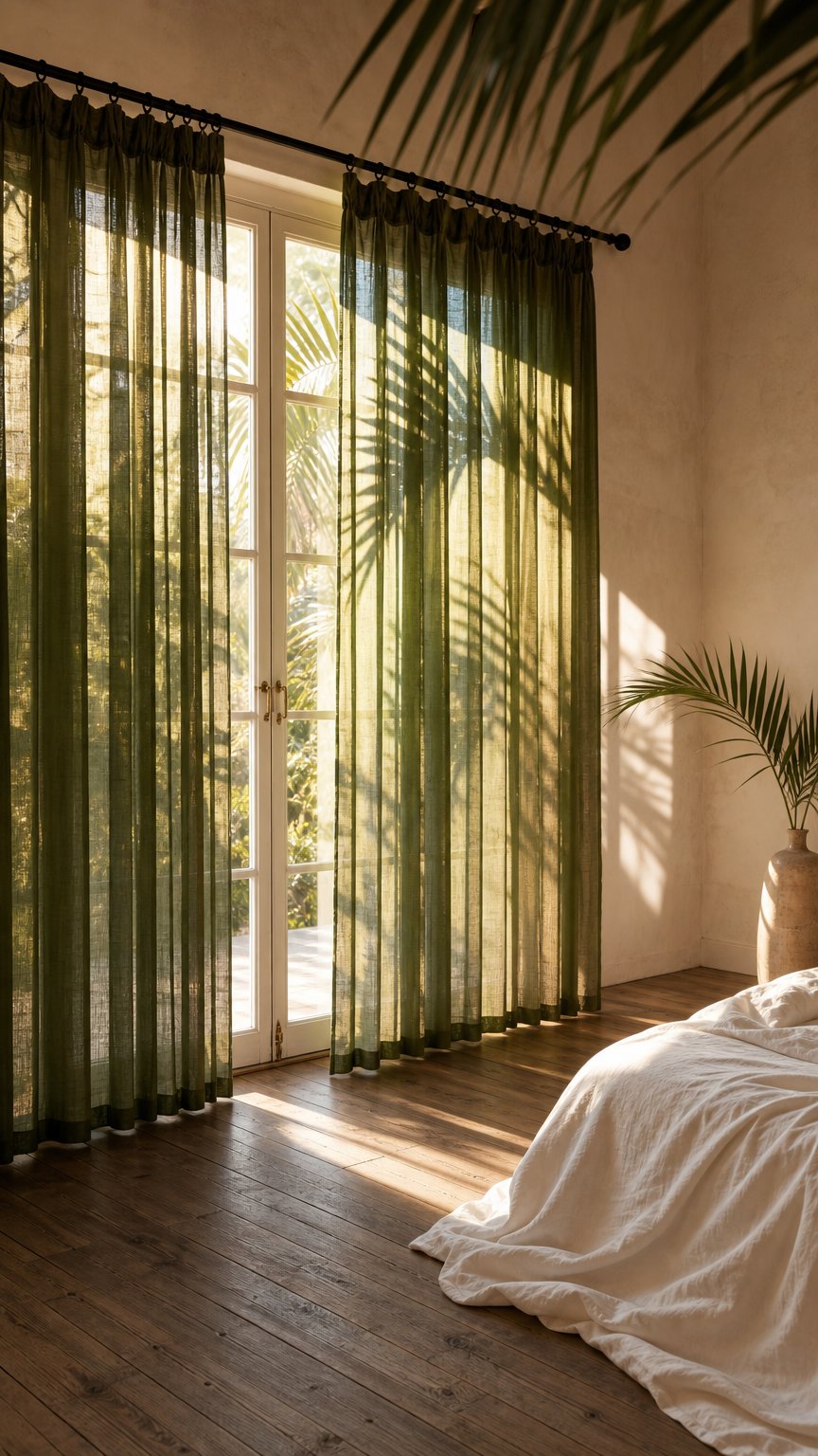 AI product shot of Ftinala Olive Green Curtains Linen Sheer Curtains 90 Inches Long 2 Panels Pinch Pleat Drapes Thin See Through Textured 90 Inch Curtain Custom Dark Green Modern Farmhouse Decor Window Treatments