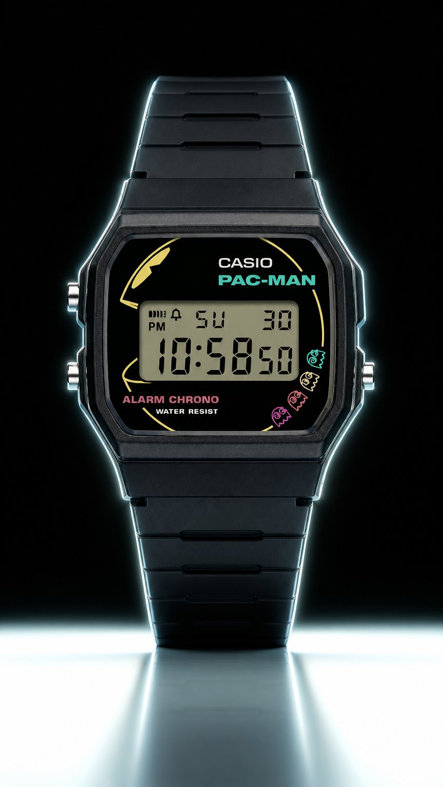 AI product shot of MONTRE CASIO F‑91WPC‑1A PAC‑MAN