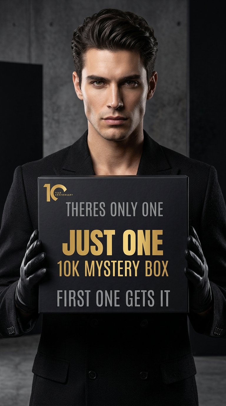 AI product shot of $10,000 "JUST ONE" ANNIVERSARY MYSTERY BOX! THERES ONLY 1, FIRST ONE GETS IT!