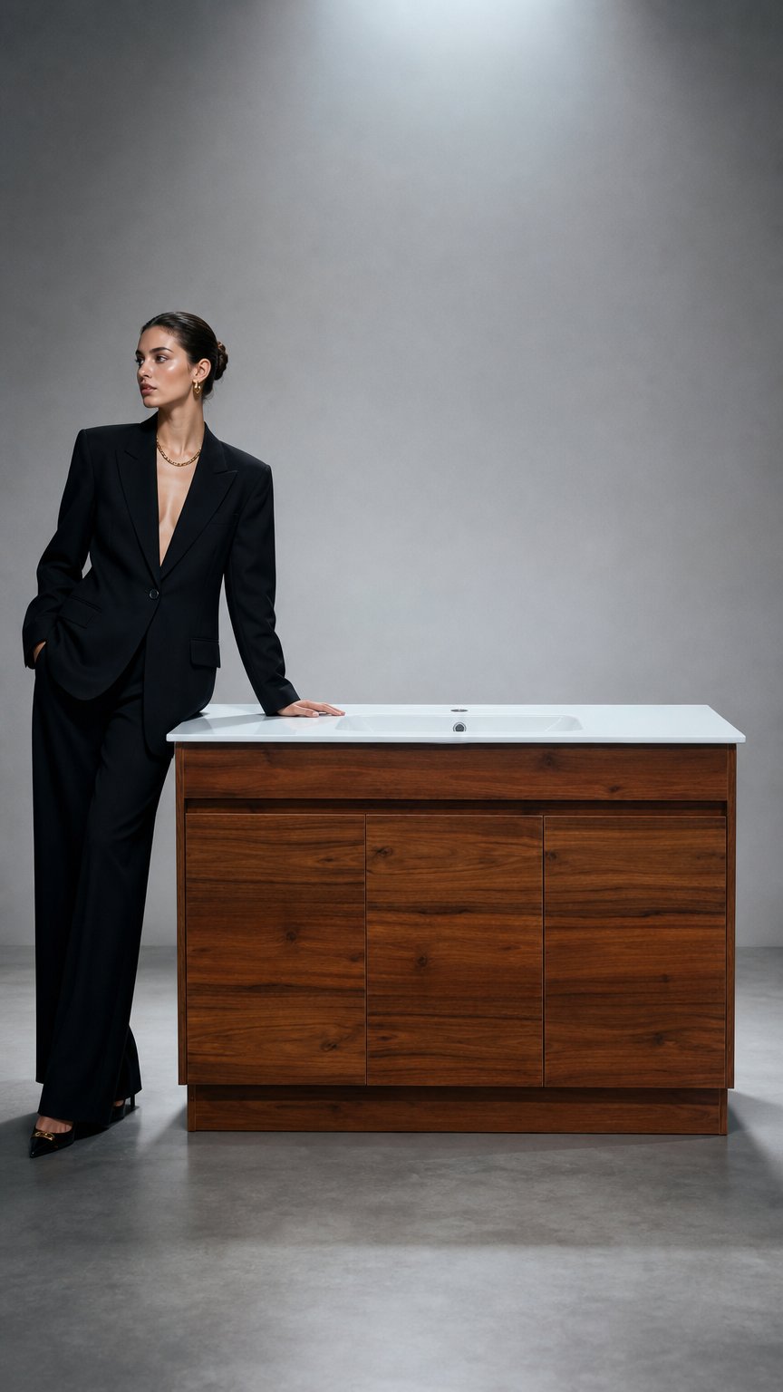 AI product shot of Clarke Walnut 1200 Floor Mount Timber Laminate Vanity