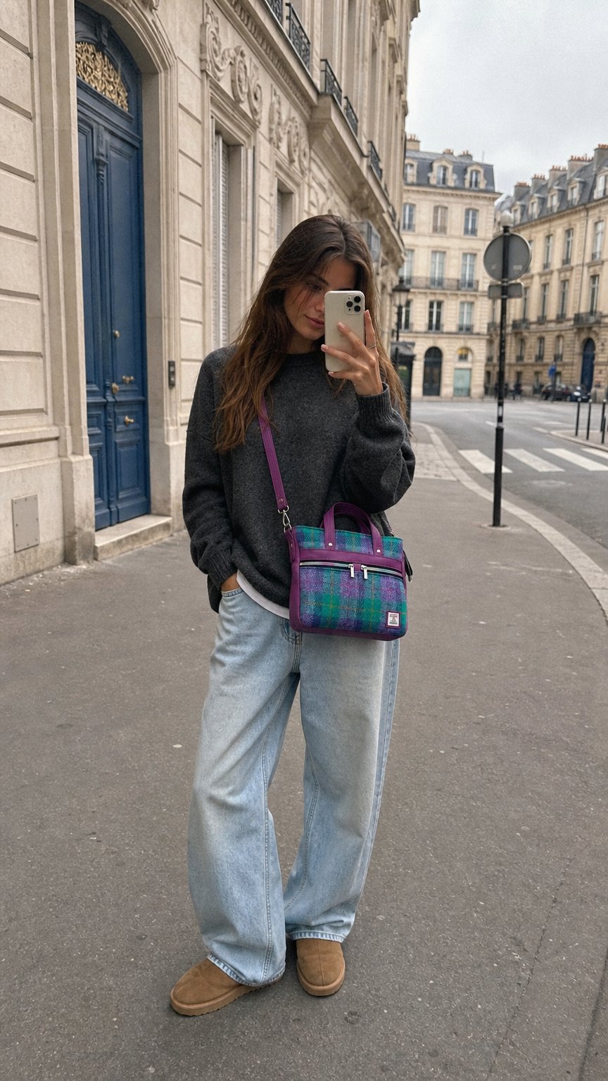 AI product shot of Harris tweed Crossbody Handbag made with grape coloured genuine leather and checked woven wool, shoulder bag with zip pocket large adjustable strap organiser bag