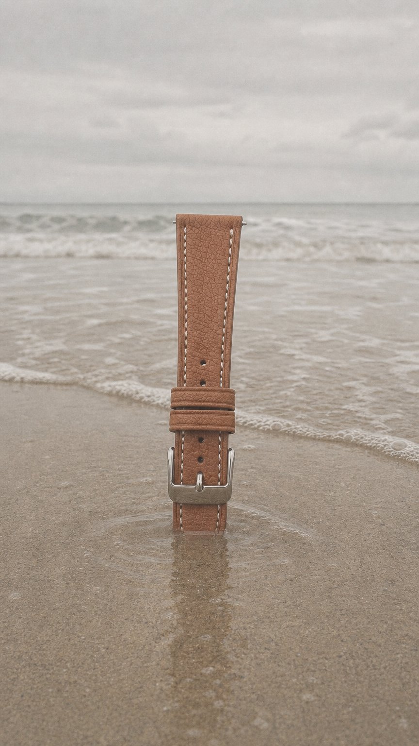AI product shot of Premium French Goat Leather Watch Strap with White Stitching and Quick Release Pin Buckle