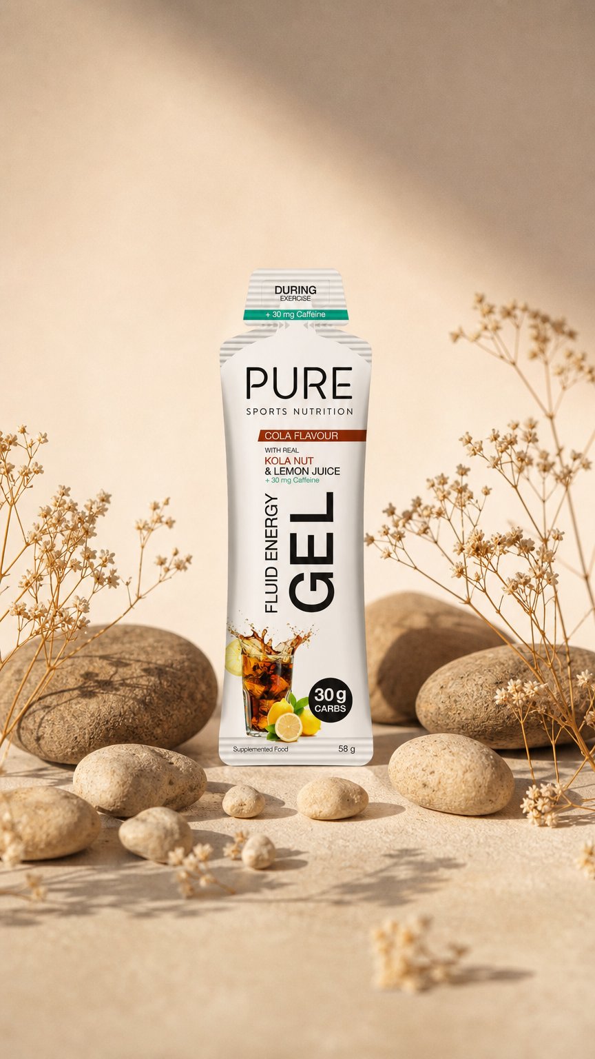 AI product shot of PURE Fluid Energy Gel - Cola + Caffeine