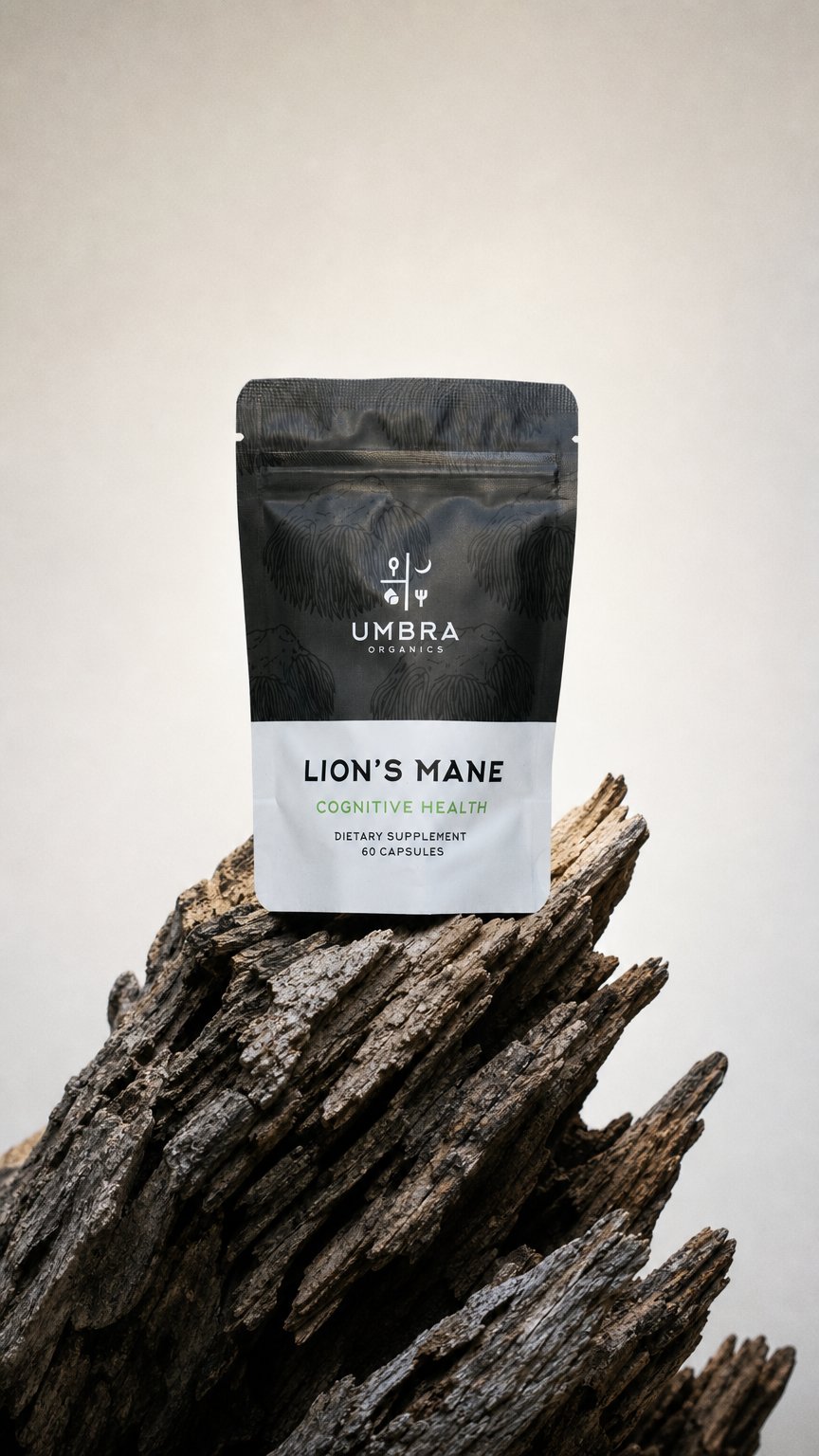AI product shot of Lion’s Mane Mushroom Capsules