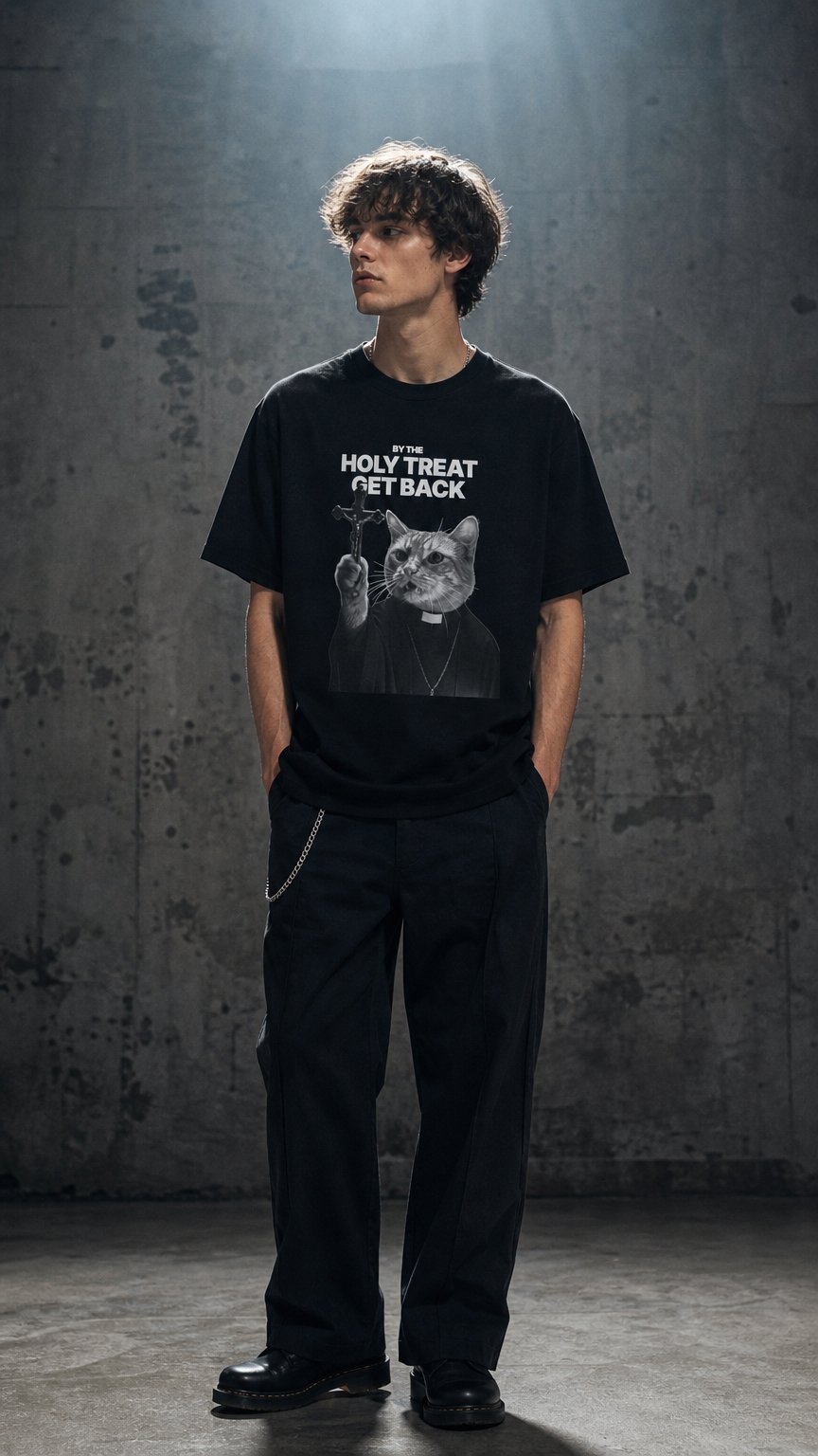 AI product shot of Cat Priest T‑Shirt — “By the Holy Treat I Get Back” Retro Graphic Tee