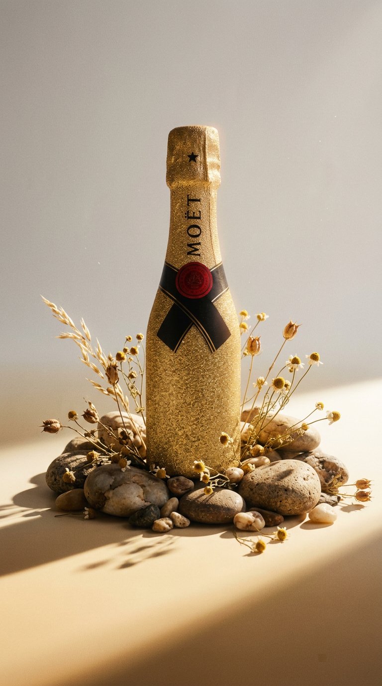 AI product shot of Moët & Chandon Brut Mini – Zlatá zdobená lahev
