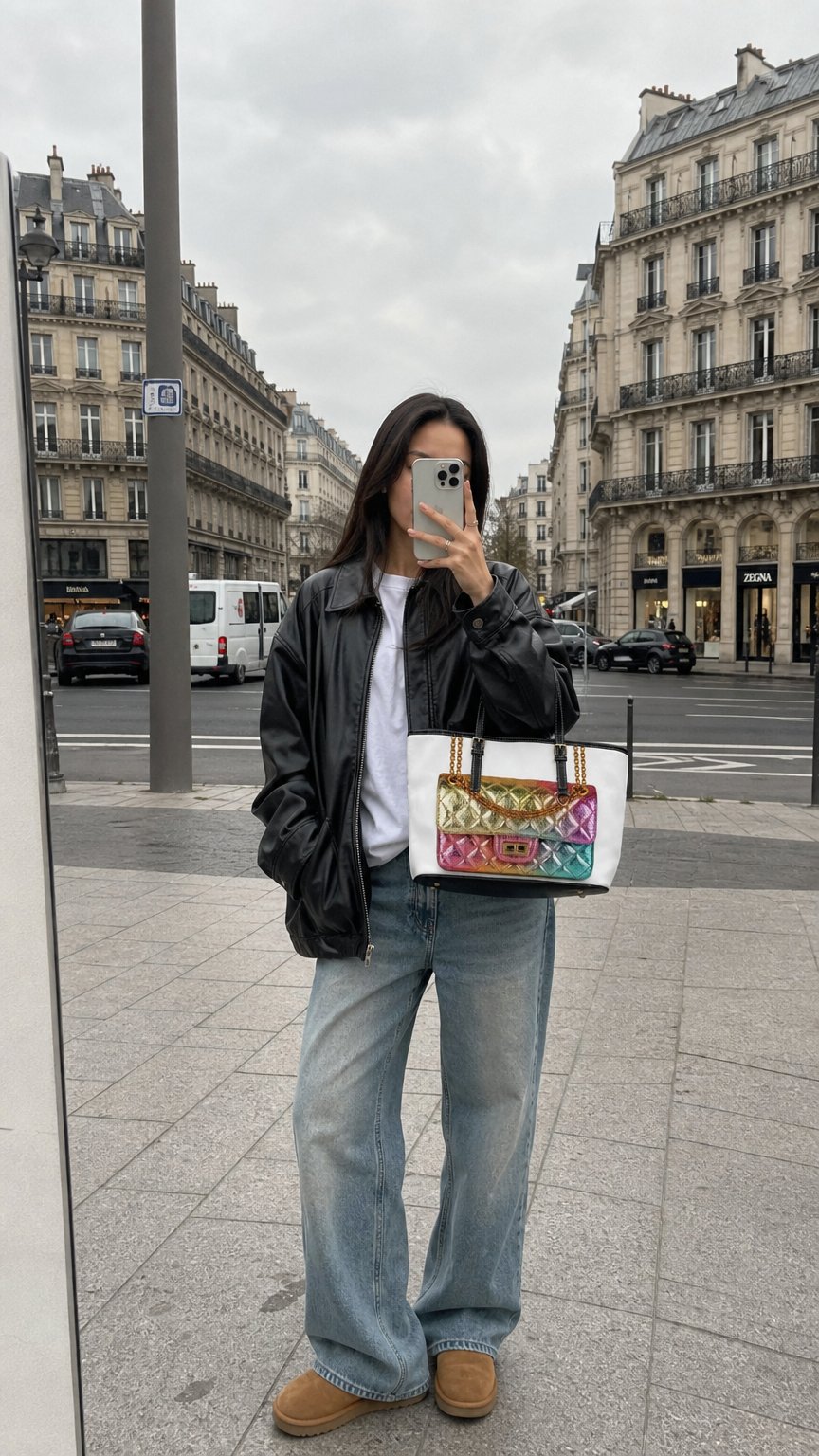 AI product shot of Rainbow Metallic Quilted Tote Bag, Colorful Chain Purse Print Tote, Luxe Fashion Art Handbag, Statement Shoulder Bag