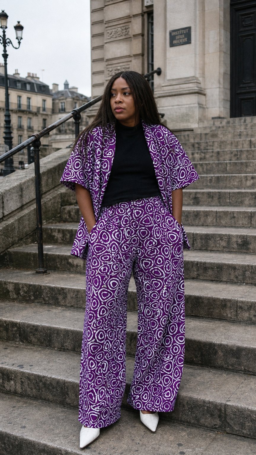 AI product shot of African Print Kimono with Matching Trousers Kimora Kalli