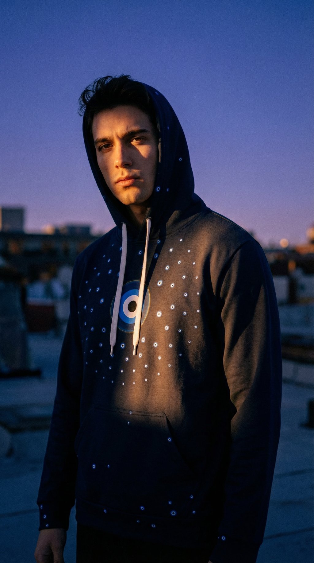 AI product shot of Guardian's Gaze Hoodie — Celestial Protection in Twilight Blue
