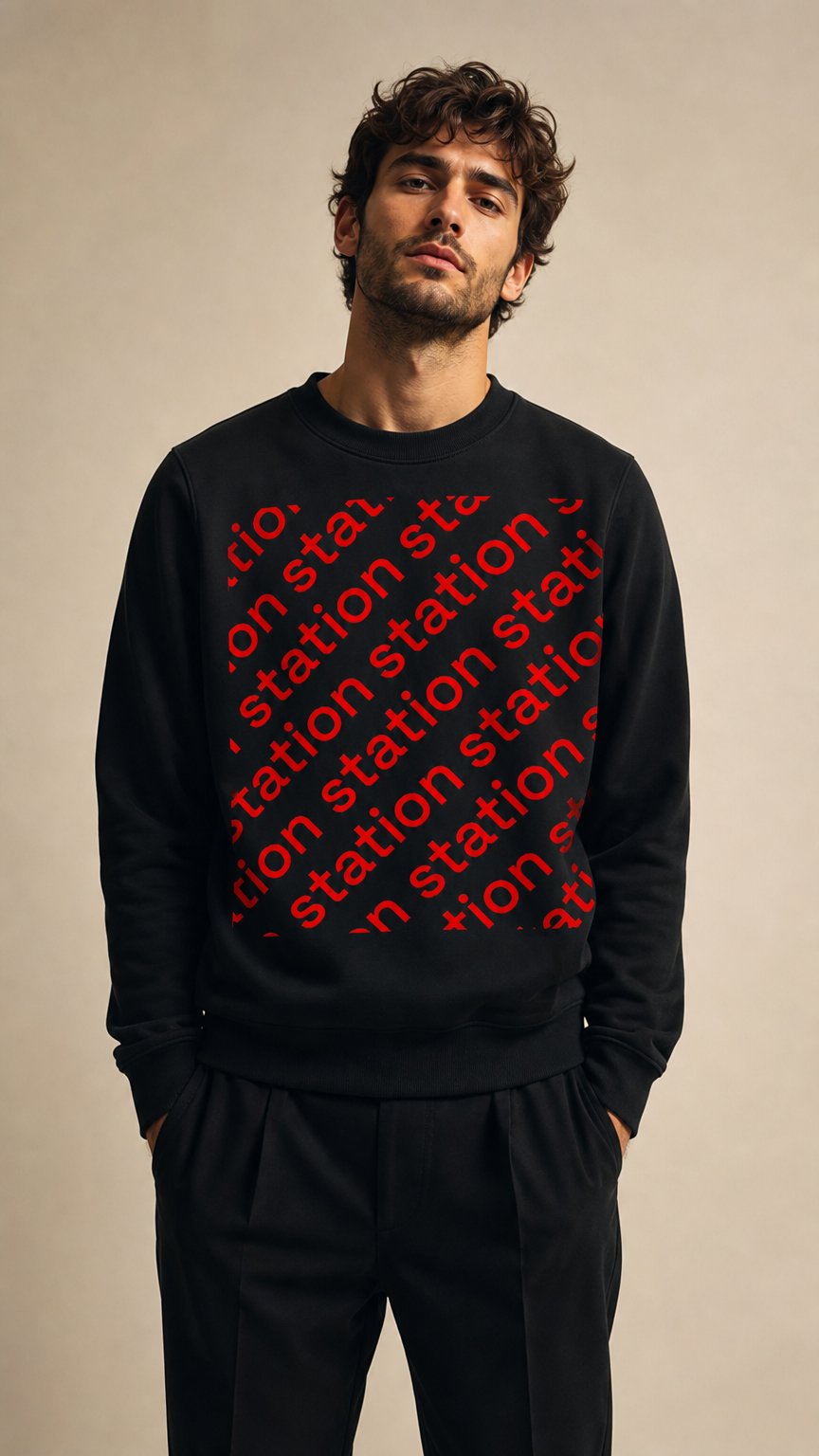 AI product shot of STATION logo one crewneck sweatshirt