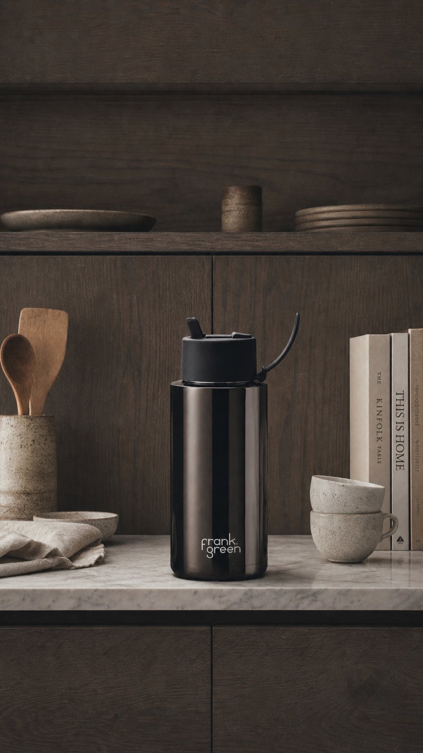AI product shot of 34oz Chrome Bottle with Flip Straw Lid