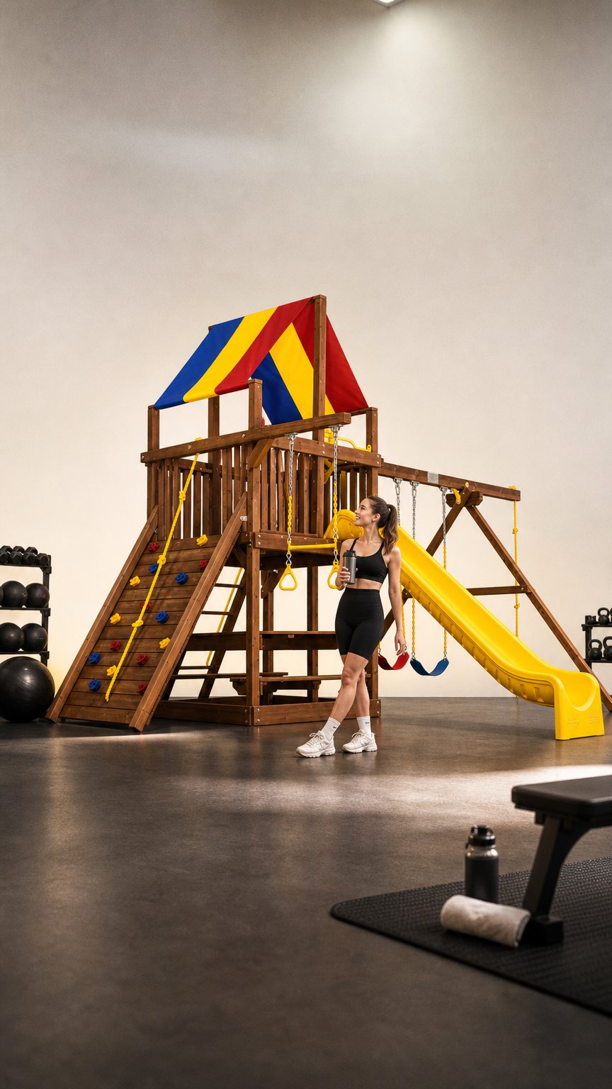 AI product shot of Sunshine Clubhouse Wood Swing Set Play System – Pkg II Feature Model (32A)