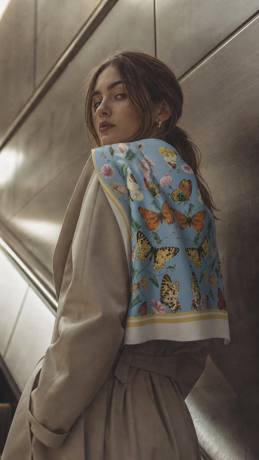 AI product shot of The Butterfly Escape Silk Square Scarf