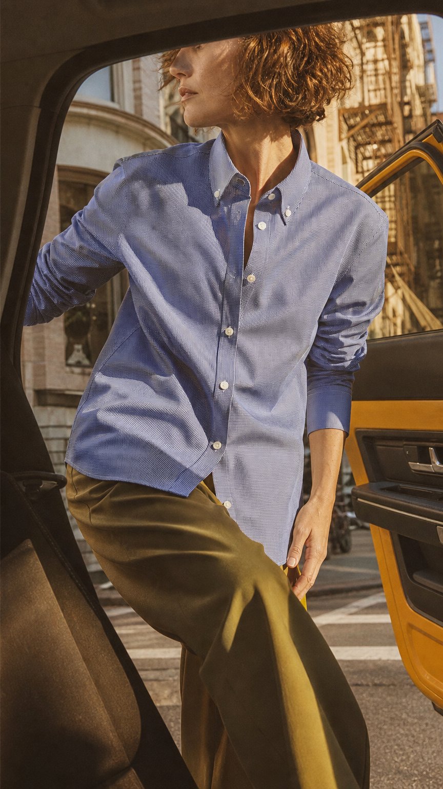 AI product shot of OB2 STUDIO MICRO-CHECK POPLIN | WOMEN (COBALT)