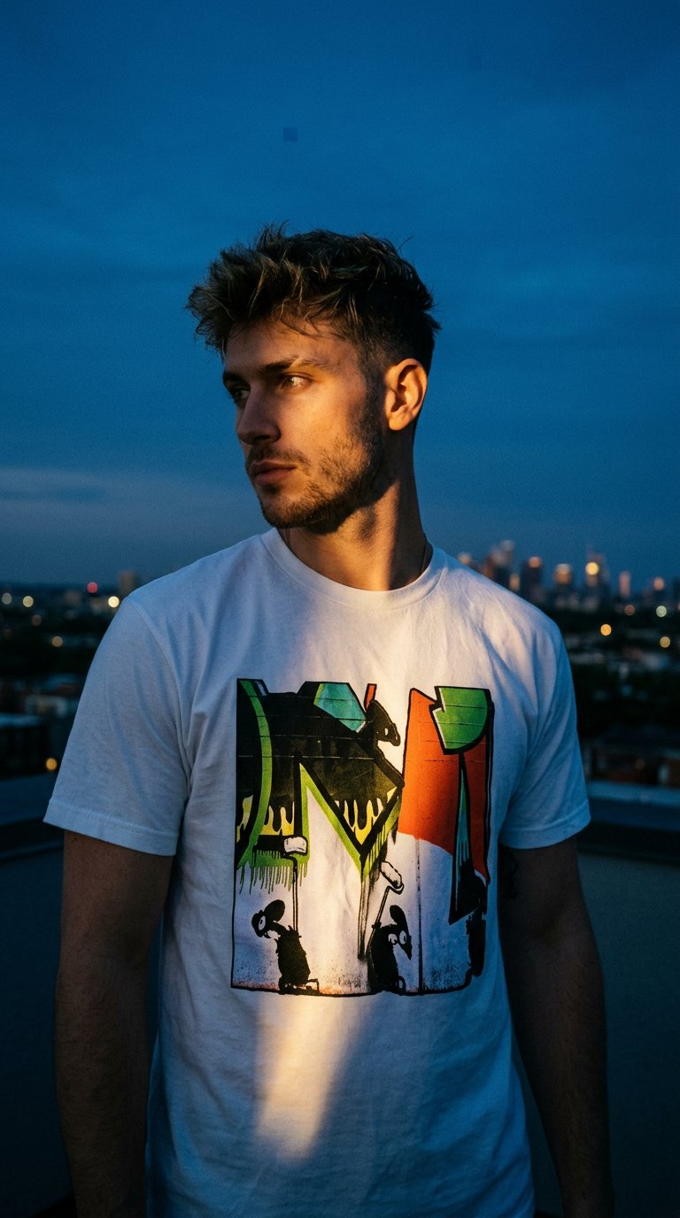AI product shot of Erthe Apparel Mouse Work Tee: Urban Art-Inspired Streetwear