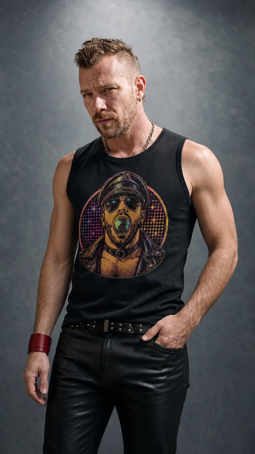 AI product shot of Disco Daddy Muscle Shirt | Gay Club & Leather Pride Shirt