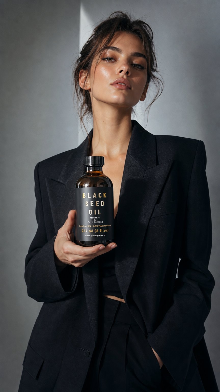 AI product shot of Black Seed Oil (Cold-Pressed)