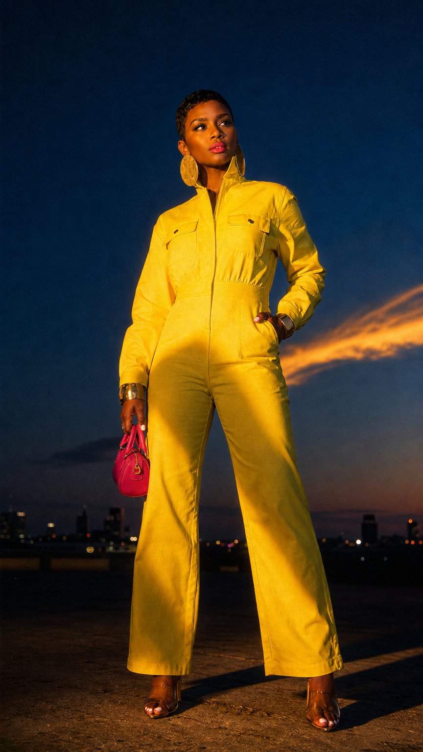 AI product shot of “Yellow Twist” Denim Jumpsuit