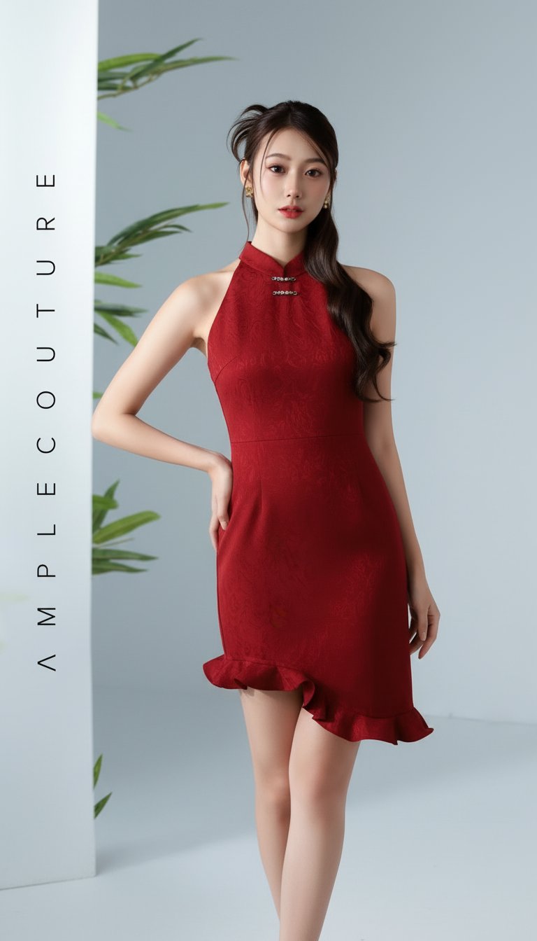 AI product shot of Ruffle Halter Neck Cheongsam AC153