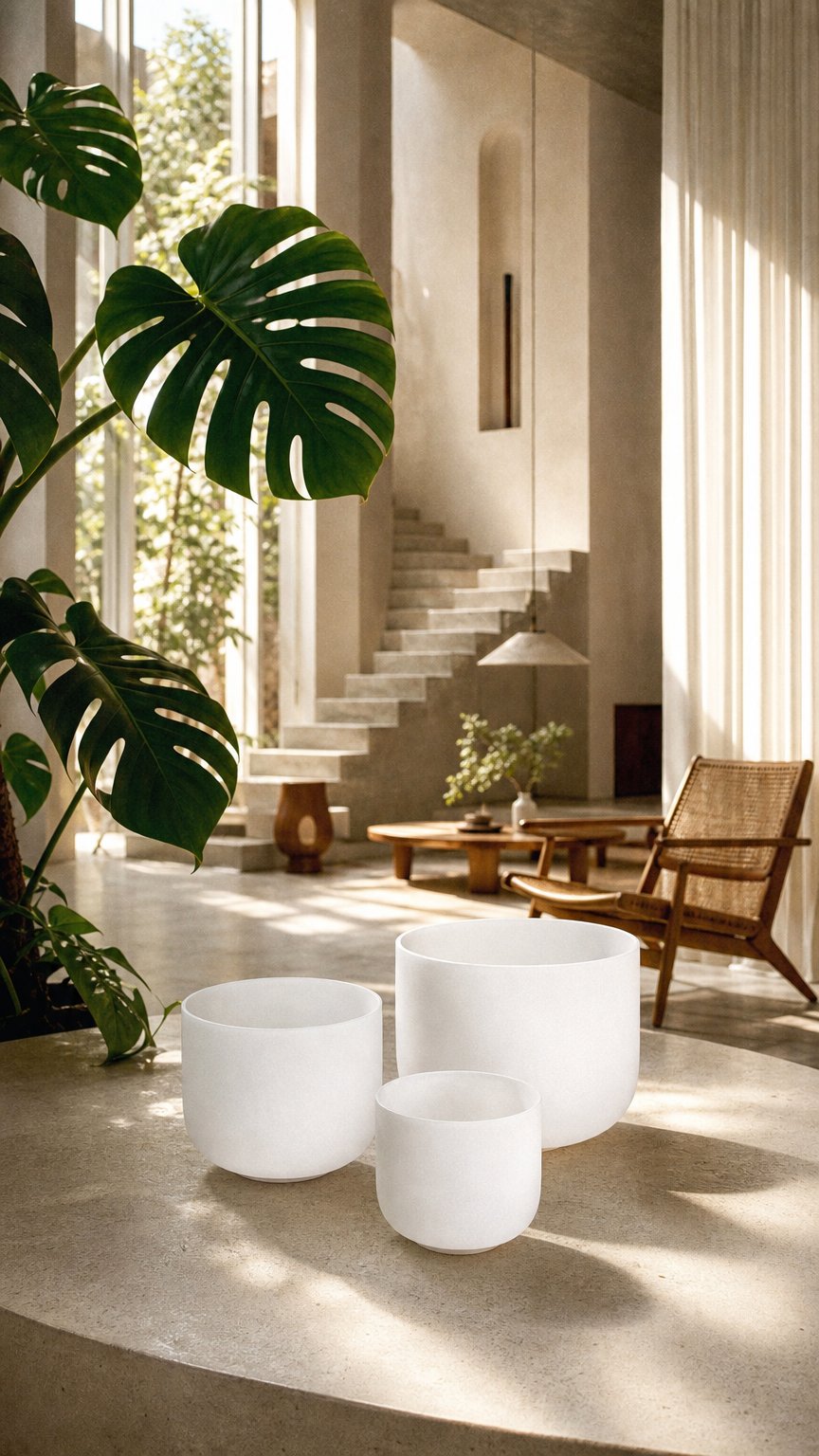AI product shot of Set of 3 White Crystal Singing Bowls in Beige Bag