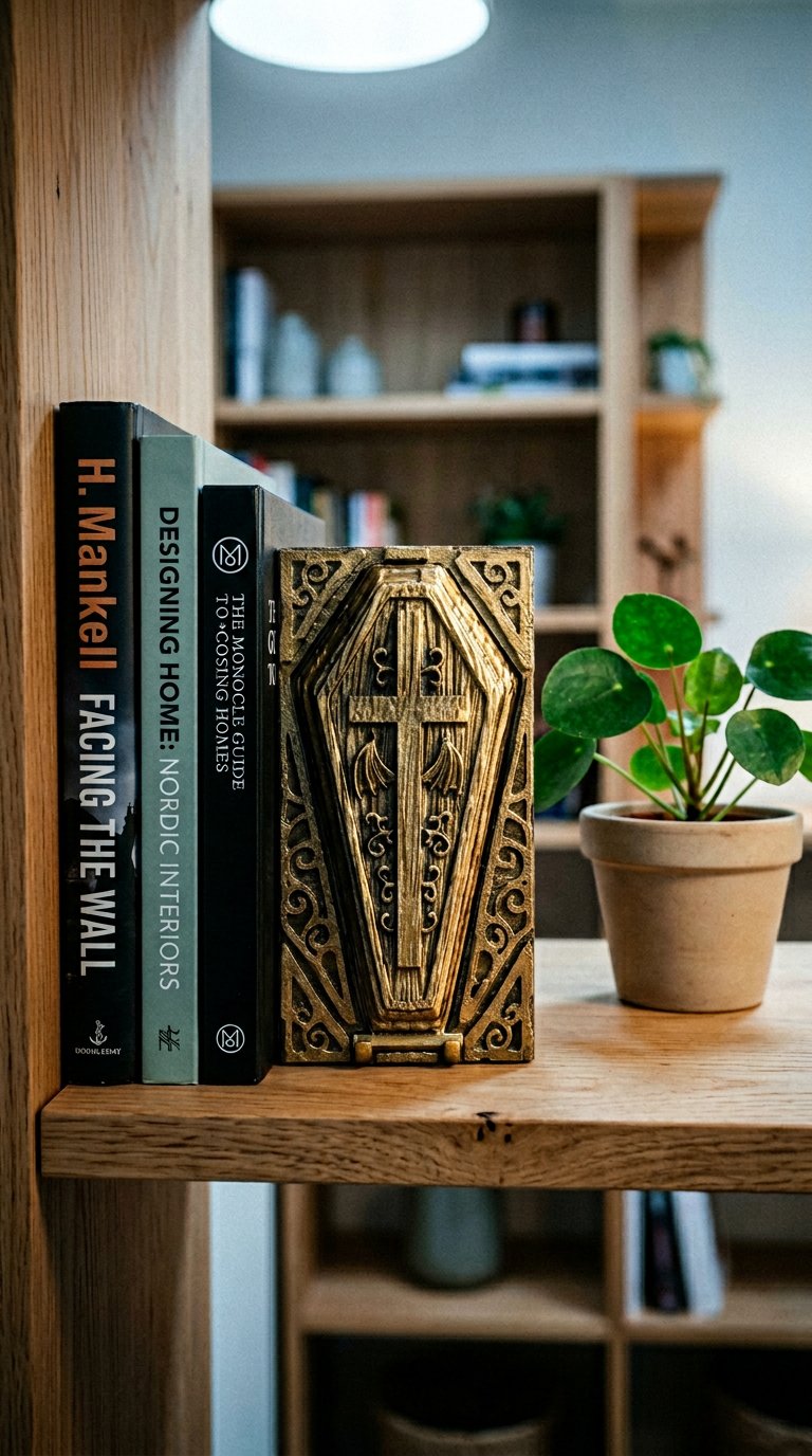 AI product shot of Coffin Book Nook with Hidden Storage - 3D Printed Gothic Decor