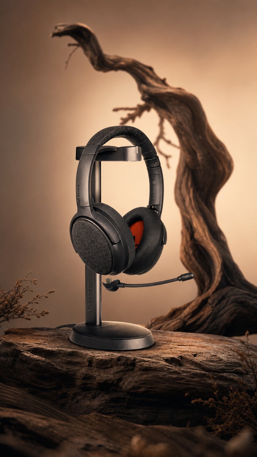 AI product shot of Fokus+ ANC Headphones with Wireless Charging Stand