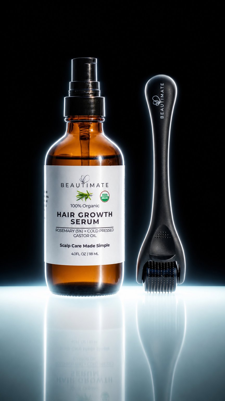 AI product shot of Derma Roller + USDA Organic Rosemary Oil — Scalp Care Bundle