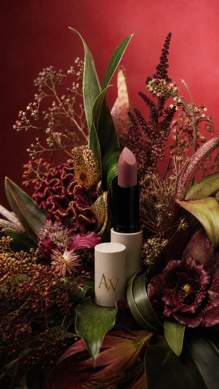 AI product shot of ANTLITZWERK ROSENANMUT – Veganer matter Lippenstift in Rauchrosa