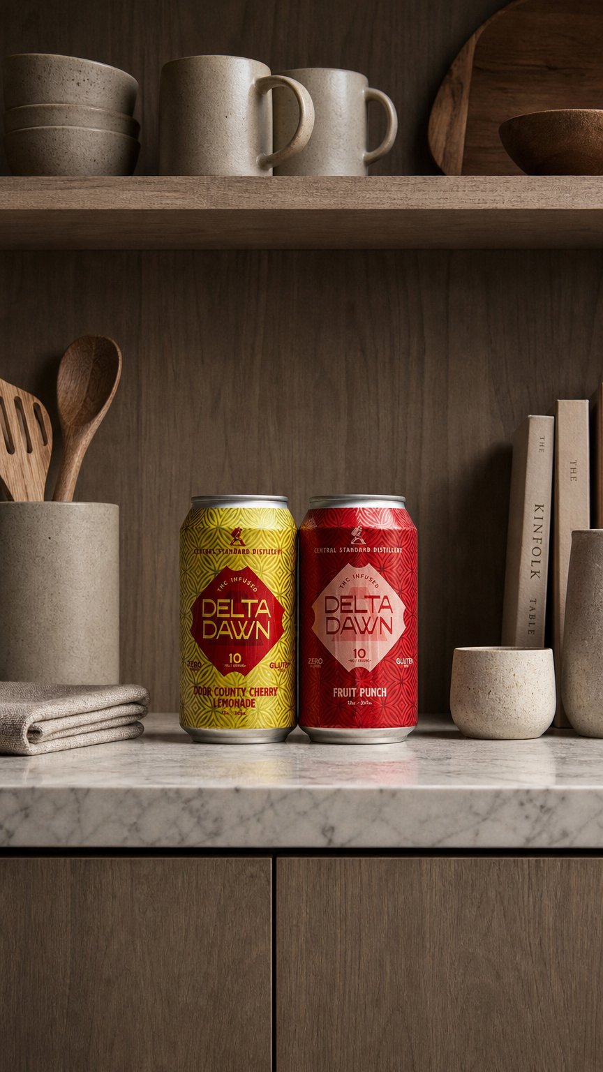 AI product shot of Delta Dawn Non-Alcoholic, THC-Infused Beverages