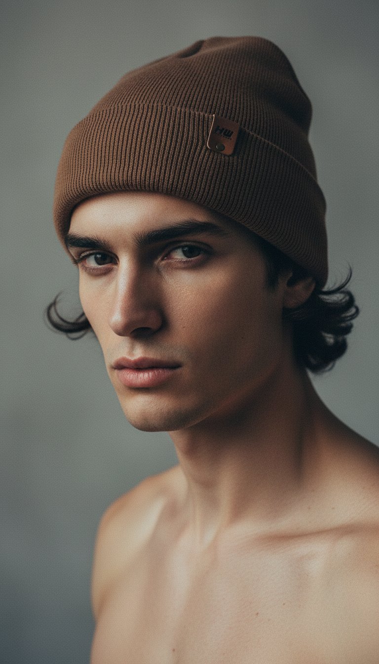 AI product shot of HAAKWEAR Camel Brown Beanie - Classic Knit Cuffed Hat Made in USA