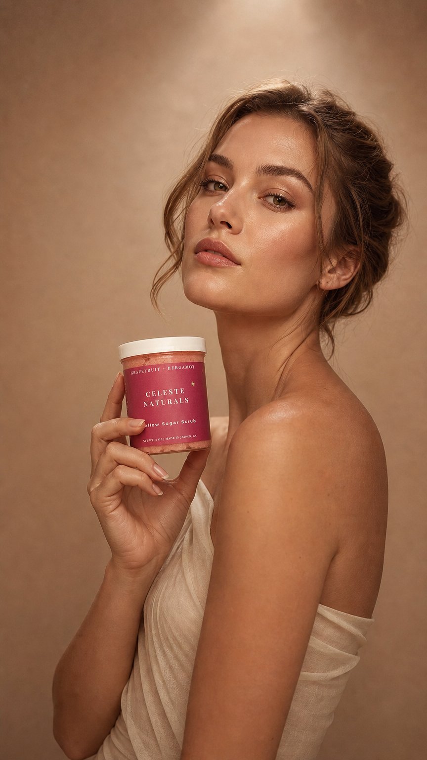 AI product shot of Grapefruit + Bergamot Sugar Scrub