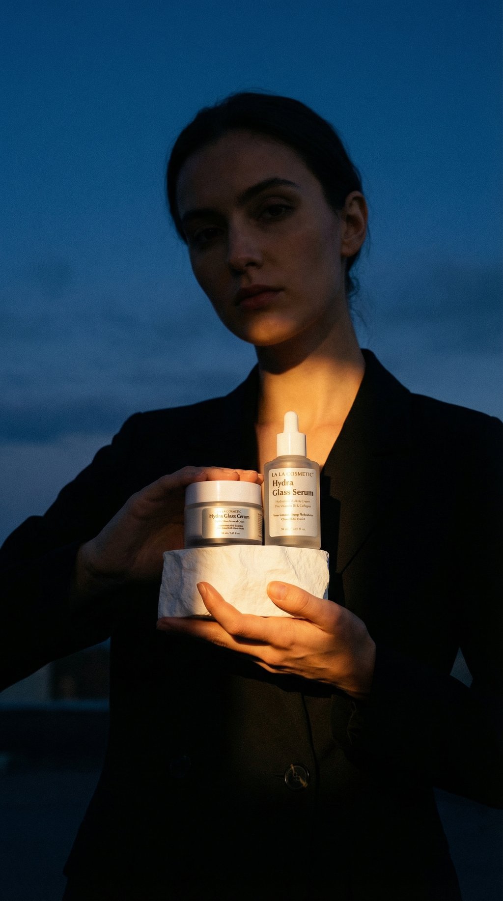 AI product shot of Hydra Glass Serum 50ml & Cream 50ml – Daily Hydration Set