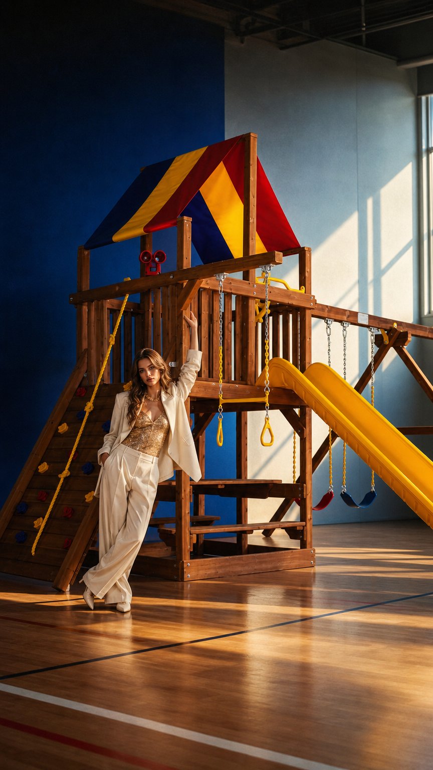 AI product shot of Sunshine Clubhouse Wood Swing Set Play System – Pkg II Feature Model (32A)