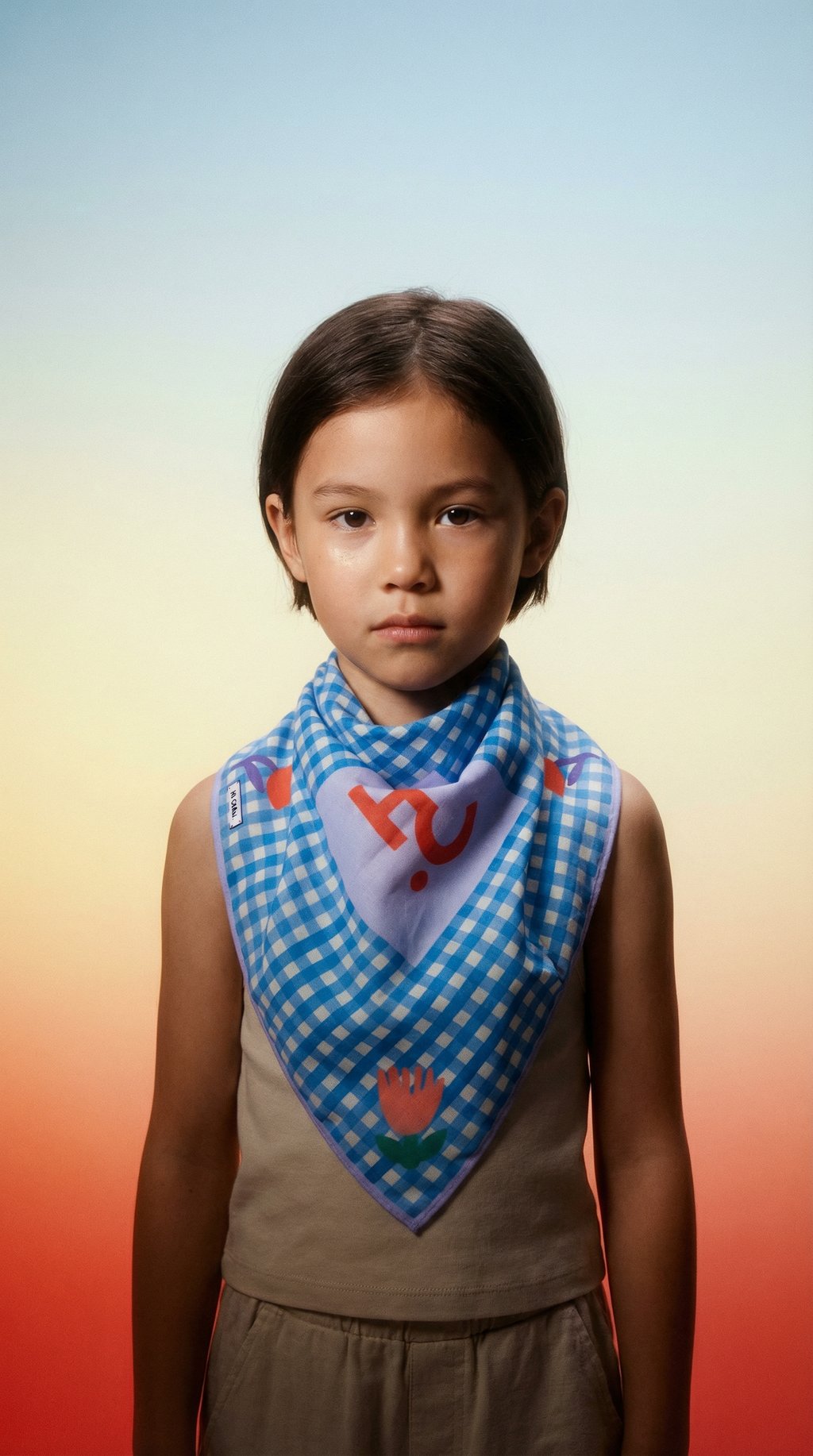 AI product shot of Kids Bandana - Squares & Flowers. blue