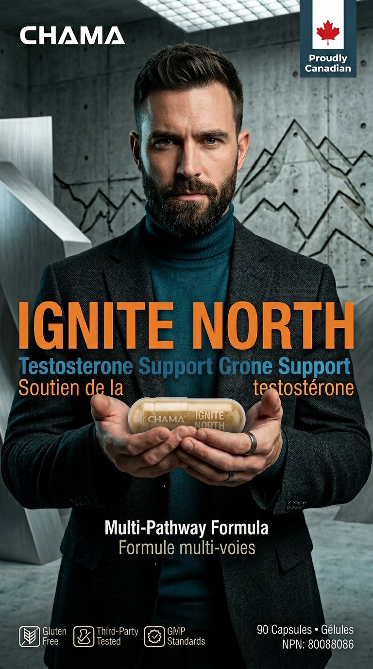 AI product shot of Ignite North Testosterone Support for Men 30+ | 600mg Tribulus, 300mg Tongkat Ali, DIM & Maca | Multi-Pathway Energy, Focus & Stamina Supplement | 90 Capsules | Made in Canada