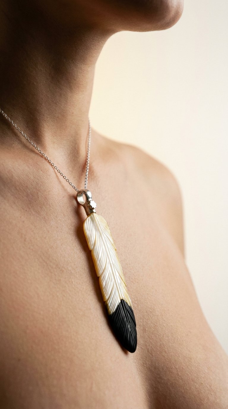 AI product shot of Gold Mother of Pearl & Black Onyx Feather Pendant