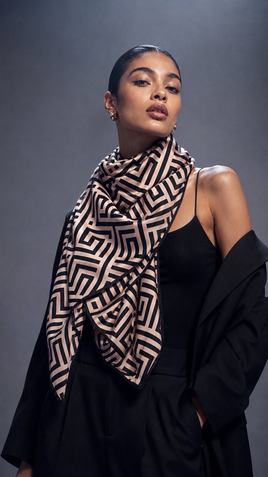 AI product shot of The MISHMISH Logo Print Silk Scarf | 100% Silk