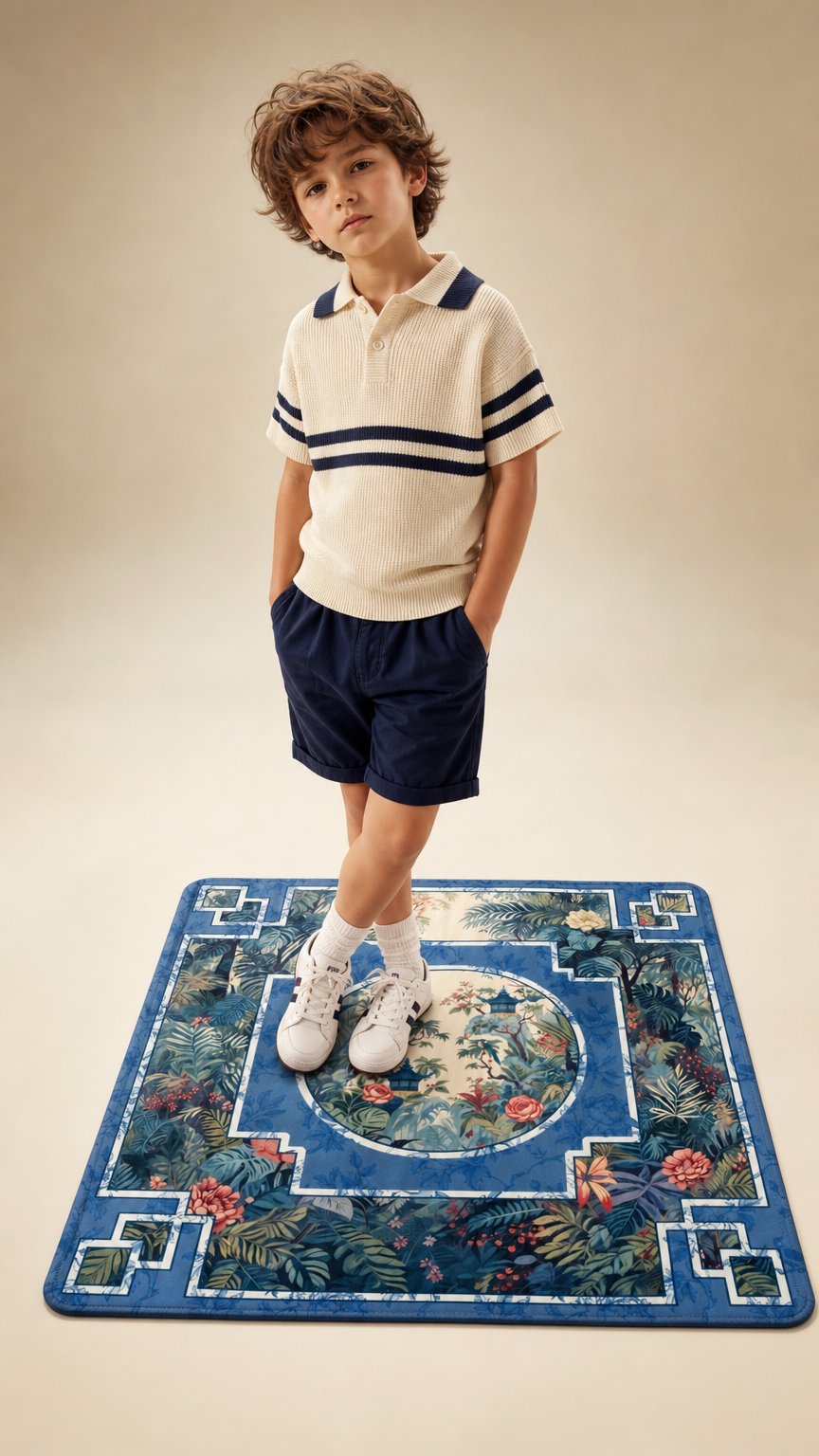 AI product shot of Mahjong Playing Mat with Chinoiserie design – Blue Floral Asian Garden, Non-Slip Surface