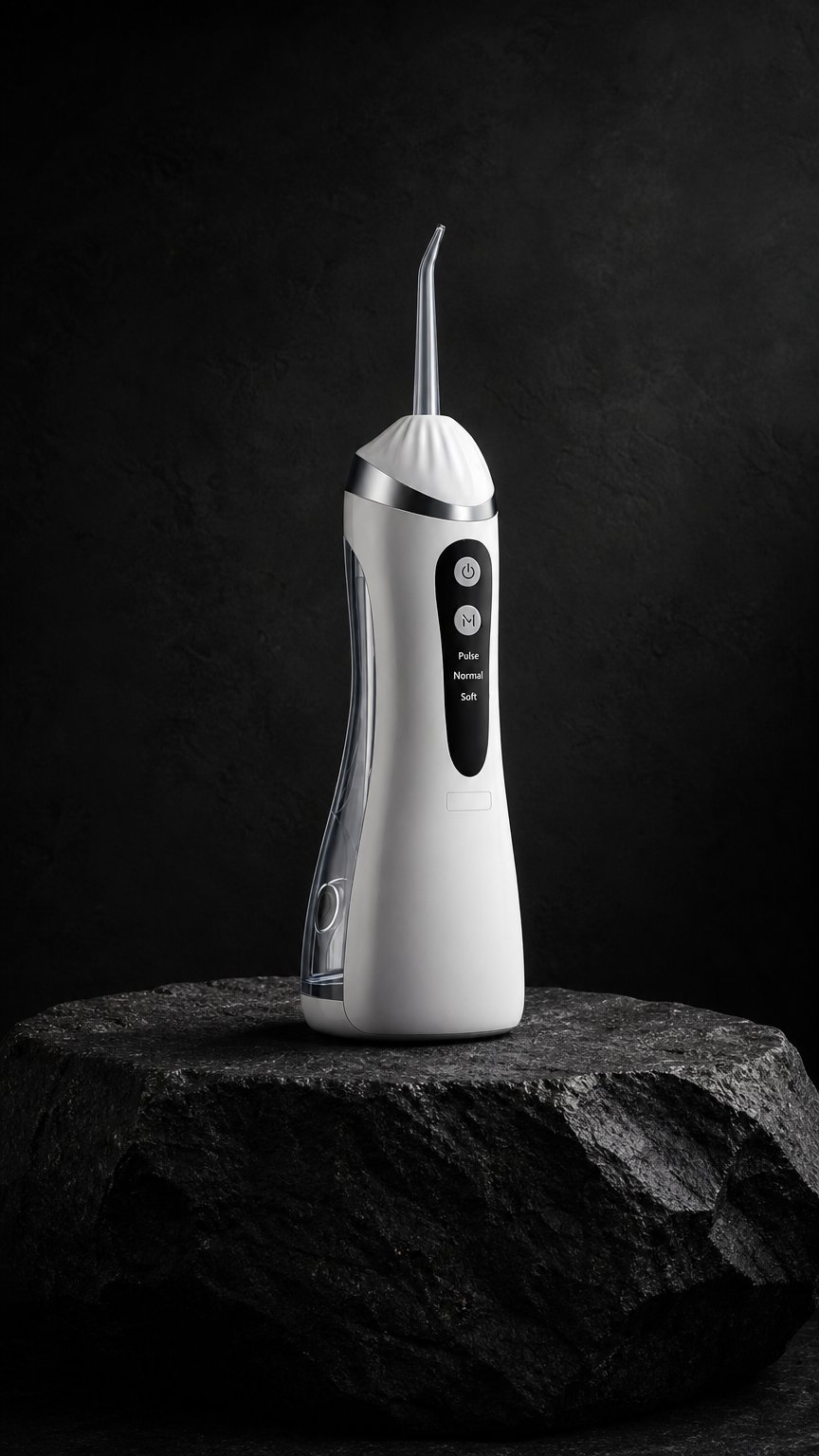 AI product shot of FLOSSD - Portable Waterproof Water Flosser