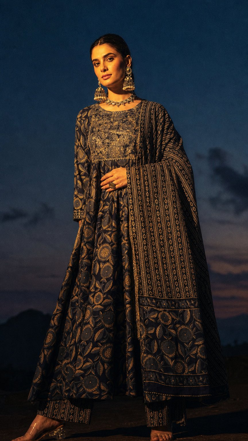 AI product shot of Cotton Printed Embroidered Calf Length Round Neck Anarkali Kurta, Palazzo With Dupatta Set
