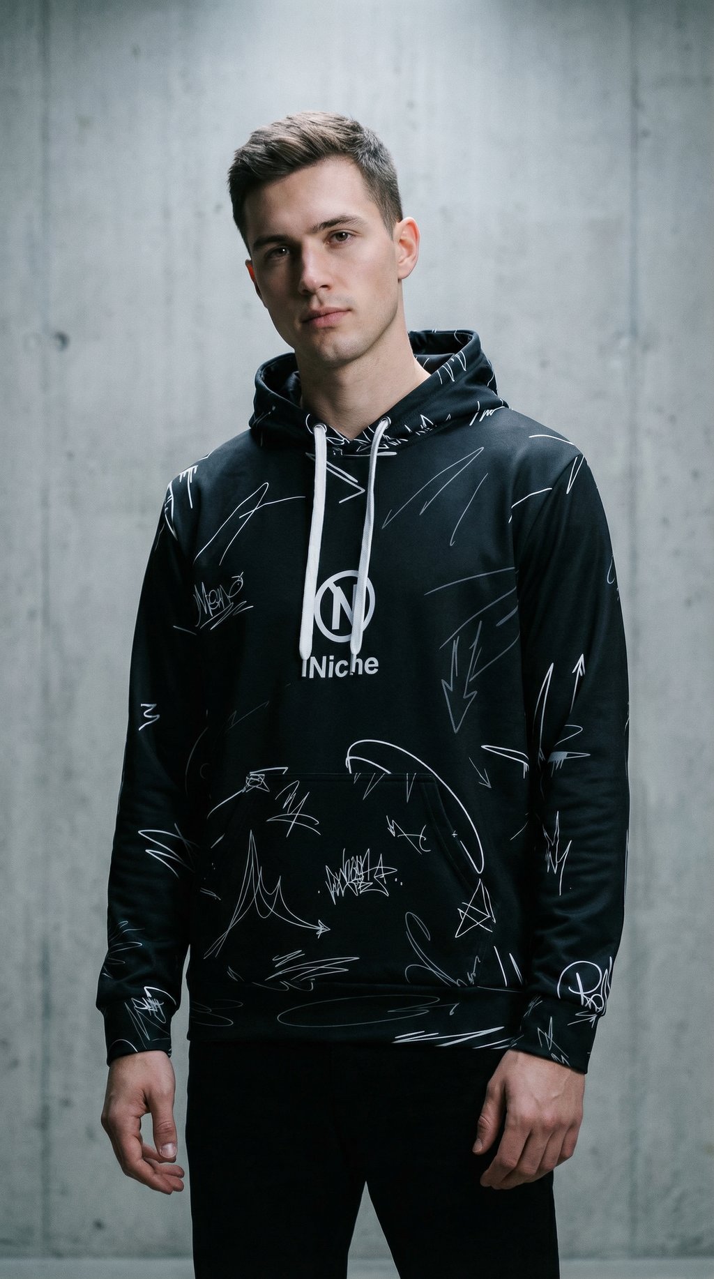 AI product shot of Midnight Scribe Hoodie — Constellation of Wild Thoughts