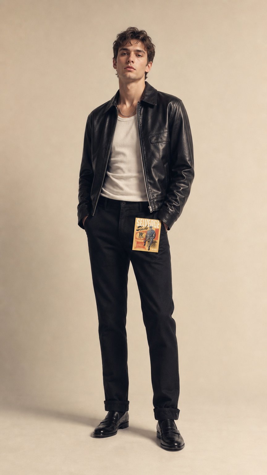 AI product shot of Weird Guy - Selvedge Slacks Black