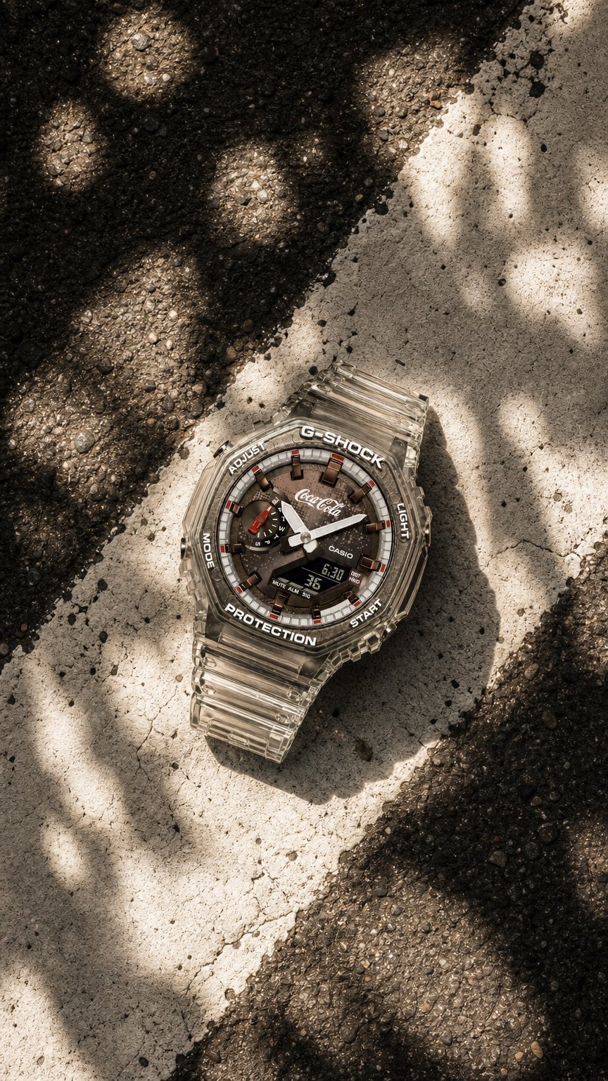 AI product shot of Coca Cola Casio G-Shock GA-2100